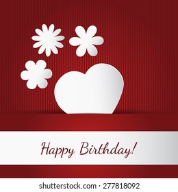 Vector birthday card with a red background and white abstract flowers.
