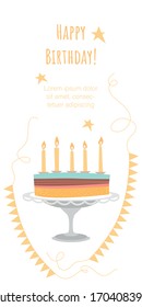 Plantilla de tarjeta de cumpleaños vectorial con pastel y velas en un fondo blanco. Ilustración en un estilo plano.