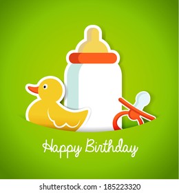 Vector birthday card template with milk bottle, pacifier and duck.