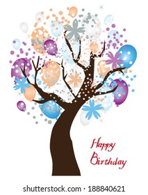 vector birthday card tree with balloons, confetti, flowers