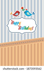 Vector birthday card - two birds, one gives the other a red flower.