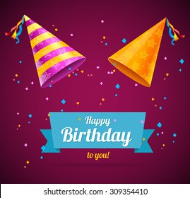 Vector Birthday Card with two party hats and space for text