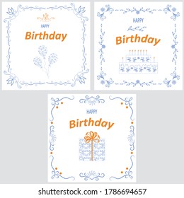 Vector of birthday cards set.Balloons,cake,candles,gifts box.Decorative frame with pattern.Vector illustration