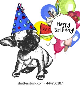 Vector birthday celebration greeting card. French bulldog puppy in hat. Decorated with balloons, cupcake, watermelon and ice cream. Hand drawn engraved color fun art. 