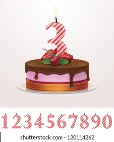 Vector birthday chocolate strawberry cake with candle numbers. Includes candle digits which can be placed on cake