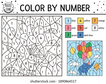 Vector Birthday color by number activity with elephant flying on a bunch of balloons. Holiday party coloring and counting game with cute animal. Funny anniversary coloration page for kids. 
