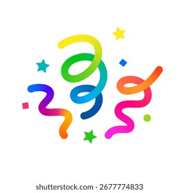 Vektor Geburtstag Konfetti Symbol. 3D-Farbverlaufselement mit Farbverlaufsbändern und Sternen. Karneval feiern Spaß Feuerwerk. Festliche Konfetti-Farbgrafik