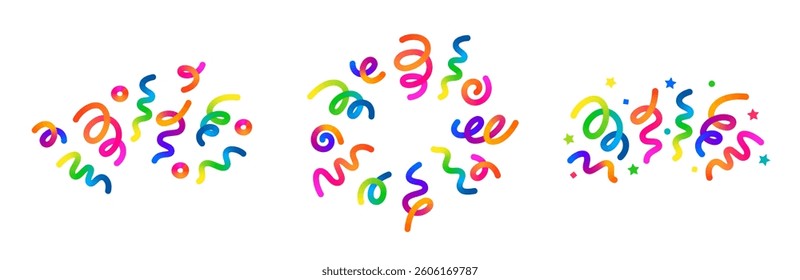 Vector Birthday Confetti Illustration. Carnival 3D Ribbons Elements with Gradient. Color Confetti Fireworks for Parties, Celebrations and Birthday Gifts Design