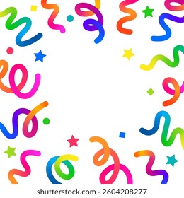 Vector Birthday Confetti: Party Frame with Gradient Ribbons and Stars on a White Background. An Abstract Confetti Explosion for Carnival Birthday Parties and Anniversaries. 3D Color Gift Fireworks