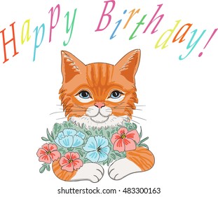 vector of birthday congratulation with red cat and flowers