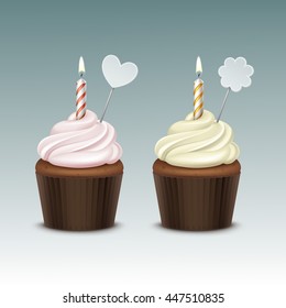 Vector Birthday Cupcake with Light Pink Yellow Whipped Cream and One Candle  Decoration Close up Isolated on Background