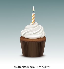 Vector Birthday Cupcake with White Whipped Cream and One Candle Close up Isolated on Background