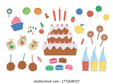 Vector birthday desserts set. Cute b-day clipart pack with cake, candles, cupcakes, cake pops, jelly beans. Funny sweets illustration for card, poster, print design. Bright holiday concept for kids