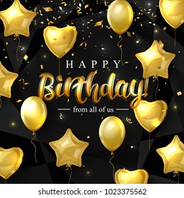 Vector birthday elegant greeting card with gold balloons and falling confetti