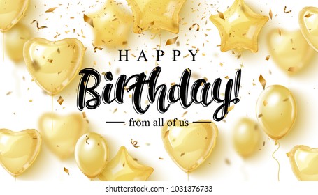 Vector birthday elegant greeting card with gold balloons and falling confetti