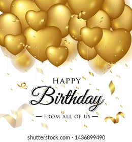 Vector birthday elegant greeting card with gold balloons and falling confetti