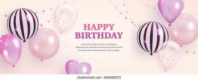 Vector birthday elegant greeting card or horizontal banner with realistic balloons. Vector illustration