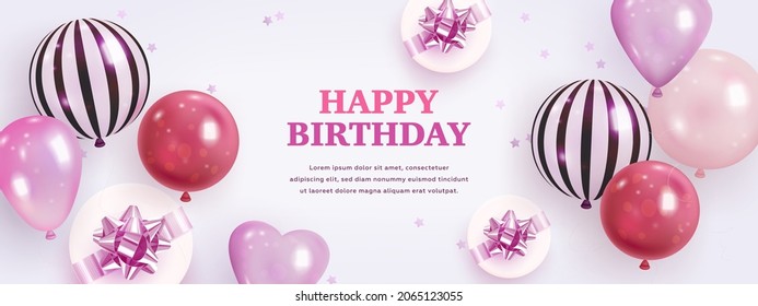 Vector birthday elegant greeting card or horizontal banner with realistic balloons and gift box. Vector illustration