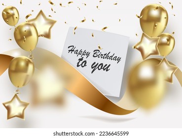 Vector birthday elegant greeting card with gold balloons and falling confetti