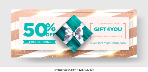 Vector Birthday Gift Coupon. Elegant Christmas Voucher Design. Premium eGift Card Background for Ecommerce, Online Shopping. Marketing Business Flyer Template Design, Social Media Graphic. 
