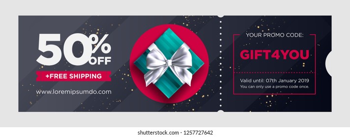 Vector Birthday Gift Coupon. Elegant Christmas Voucher Design. Premium eGift Card Background for E-commerce, Online Shopping. Marketing Business Flyer Template Design, Social Media Graphic. 