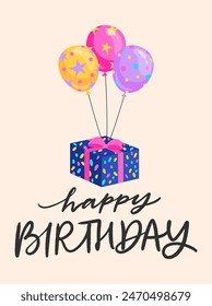 Vector birthday greeting card with colorful gift and  balloons. Hand written phrase Happy Birthday. Party invitation