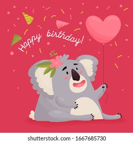 Tarjeta de felicitación de cumpleaños del vector. Un animal alegre y simpático, Koala, con un globo rosa en forma de corazón