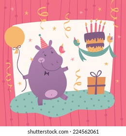 Vector birthday greeting card with cute hippo 