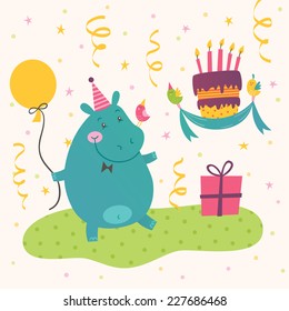Vector birthday greeting card with cute hippo and cake