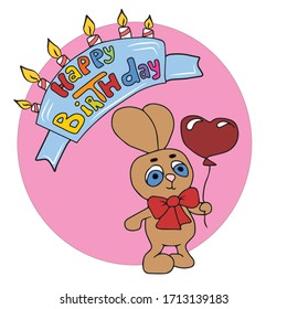 Vector birthday greeting card decorated with flowers. Cute with a  Bunny bow on his neck and a ball in his paw . design for a holiday, banners and postcards.