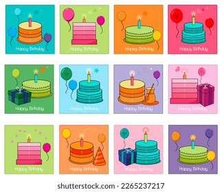Vector birthday greeting card with different colorful cakes, candle, balloons, cup, gift box, party hat. Illustration set of happy birthday elements for designing post or cards.