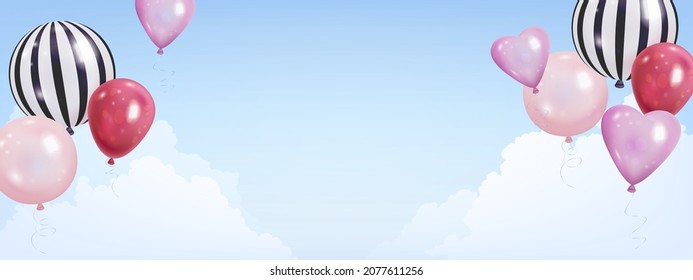Vector birthday greeting card or horizontal banner with realistic balloons and sky background. Vector illustration