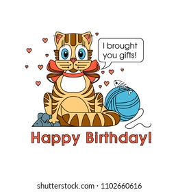 Vector birthday greeting card with a picture of a cute kitten who pries gifts - a mouse, a ball of yarn for knitting and a skeleton from a fish.