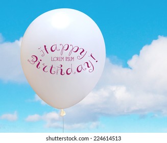 Vector birthday greeting card, white helium balloon over a blue sky with clouds