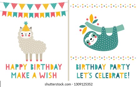 Vector birthday  greeting cards set, cute sloth and lama