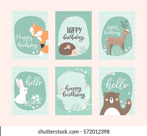 Vector birthday greeting cards templates with cute forest animals, bear, hedgehog, fox, rabbit, deer. 