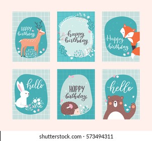 Vector birthday greeting cards templates with cute forest animals, bear, hedgehog, fox, rabbit, deer. 