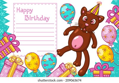Vector Birthday greetings card with cartoon cat character.