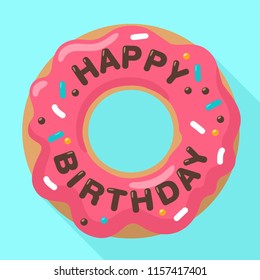 Vector Birthday icon of a sweet donut in a pink glaze. On the donut chocolate inscription: Happy Birthday. Illustration of a dessert in a flat style.