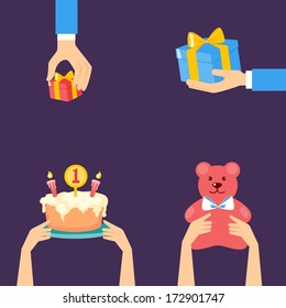 Vector birthday illustrations in flat style - hands and gifts