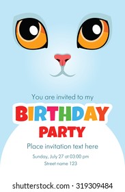 Vector birthday invitation card with cute white cat. Some blank space for your text included.