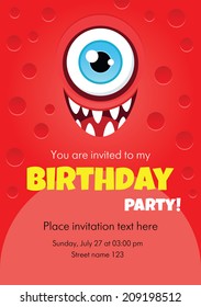 Vector birthday invitation card with funny cartoon monster. Some blank space for your text included.