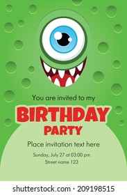 Vector birthday invitation card with funny cartoon monster. Some blank space for your text included.