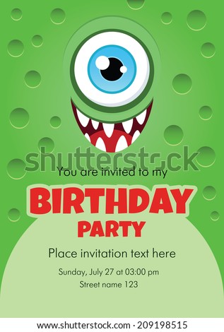 Vector birthday invitation card with funny cartoon monster. Some blank space for your text included.