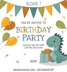 Vector birthday invitation for kids with cute dinosaur, balloons, streamers, gifts, and colorful text on white background. Perfect for children's party design, print, and decoration.