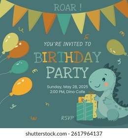 Vector birthday invitation for kids featuring a cute dinosaur with balloons, streamers, gifts, and colorful text on a green background. Perfect for party design, print, and decoration.