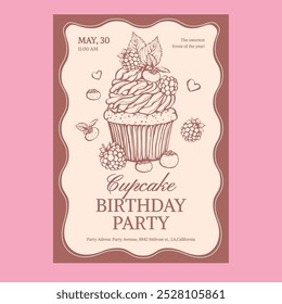 Vector birthday invitation with line illustration of cupcake with berries, cream, and chocolate