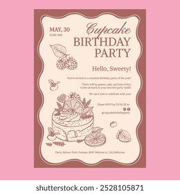 Vector birthday invitation with line illustration of cupcake with berries, cream, orange