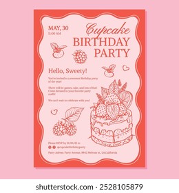 Vector birthday invitation with line illustration of cupcake with berries, cream, raspberry