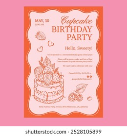 Vector birthday invitation with line illustration of cupcake with berries, cream, raspberry